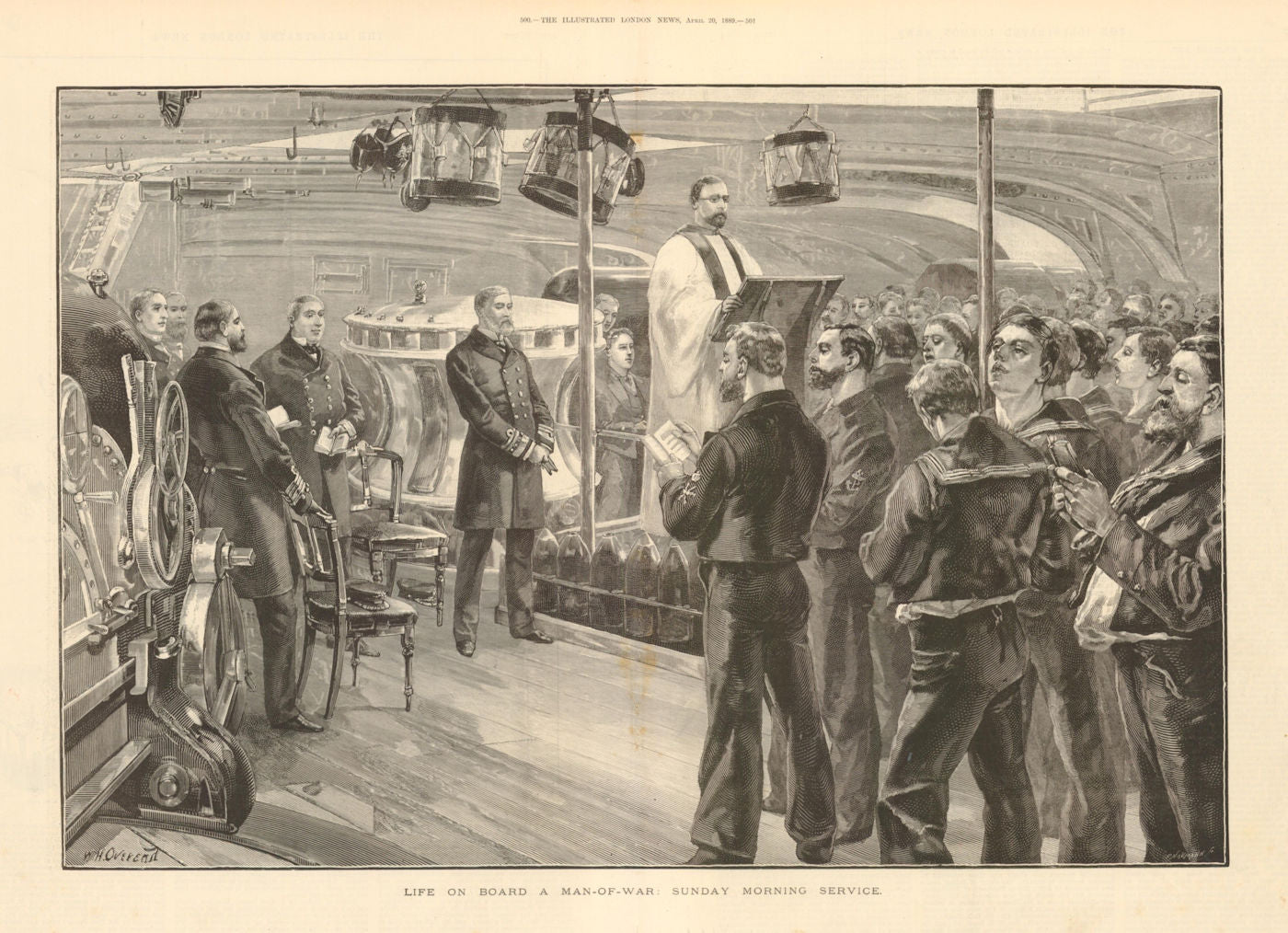 Life on board a man-of-war: Sunday morning service. Royal Navy 1889 old print